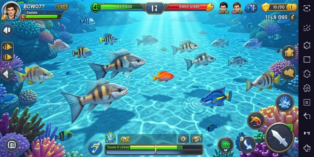 Tampilan menarik gameplay Tembak Ikan BOWO77 dengan berbagai ikan dan senjata.