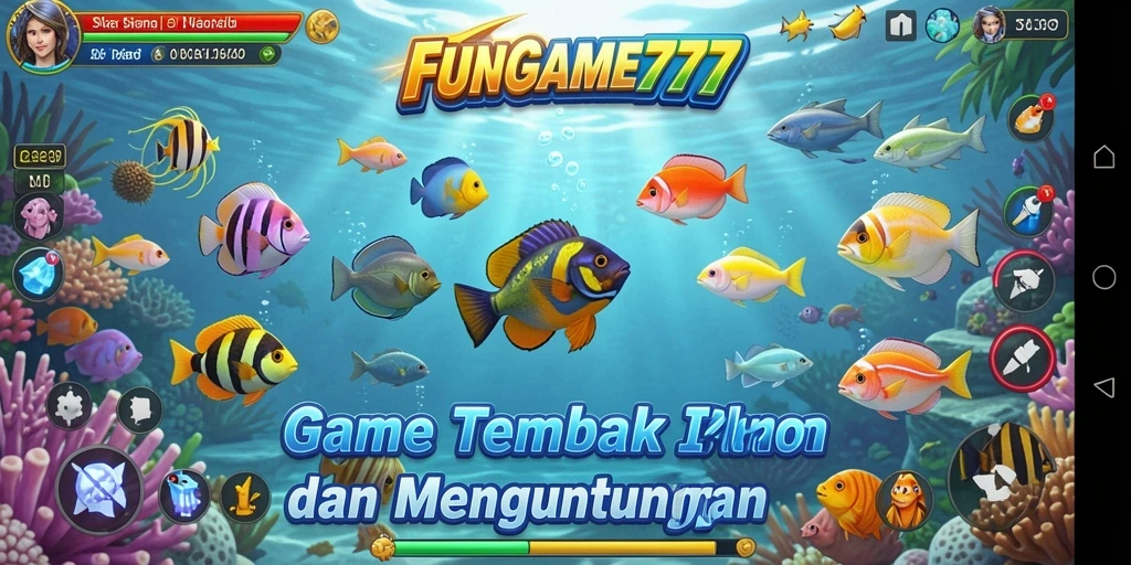 Screenshot FUNGAME777 menampilkan keseruan menembak ikan di bawah laut.