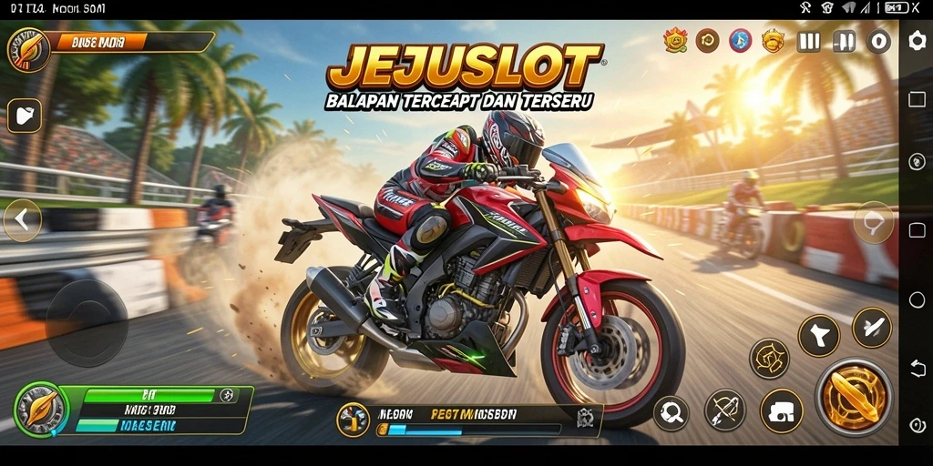 Screenshot utama JEJUSLOT menunjukkan aksi balapan motor yang seru dan mendebarkan.
