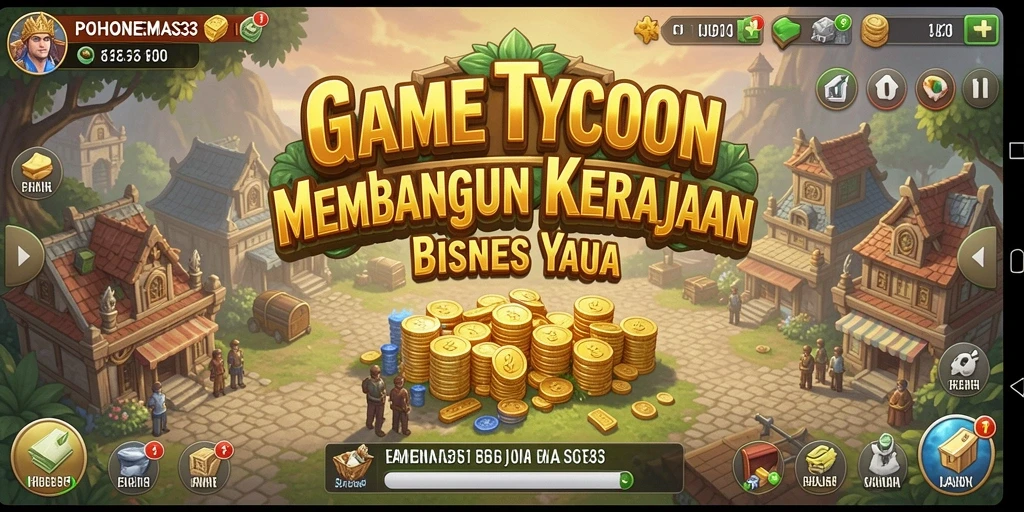 Tangkapan layar gameplay POHONEMAS33 yang menampilkan pembangunan kerajaan bisnis.