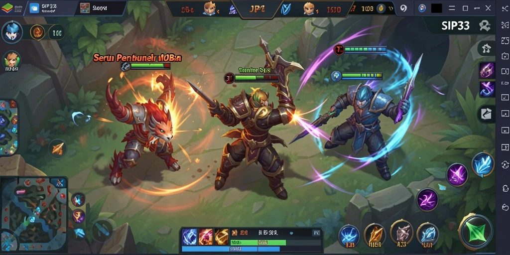 Screenshot dari gameplay intens di SIP33 dengan aksi MOBA.