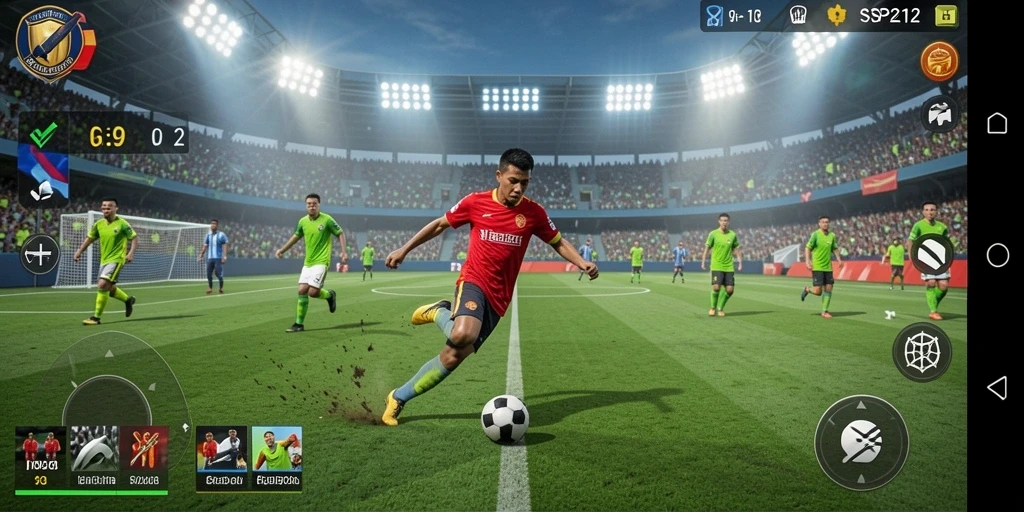 Screenshot SP212 menampilkan aksi pertandingan sepak bola yang intens.